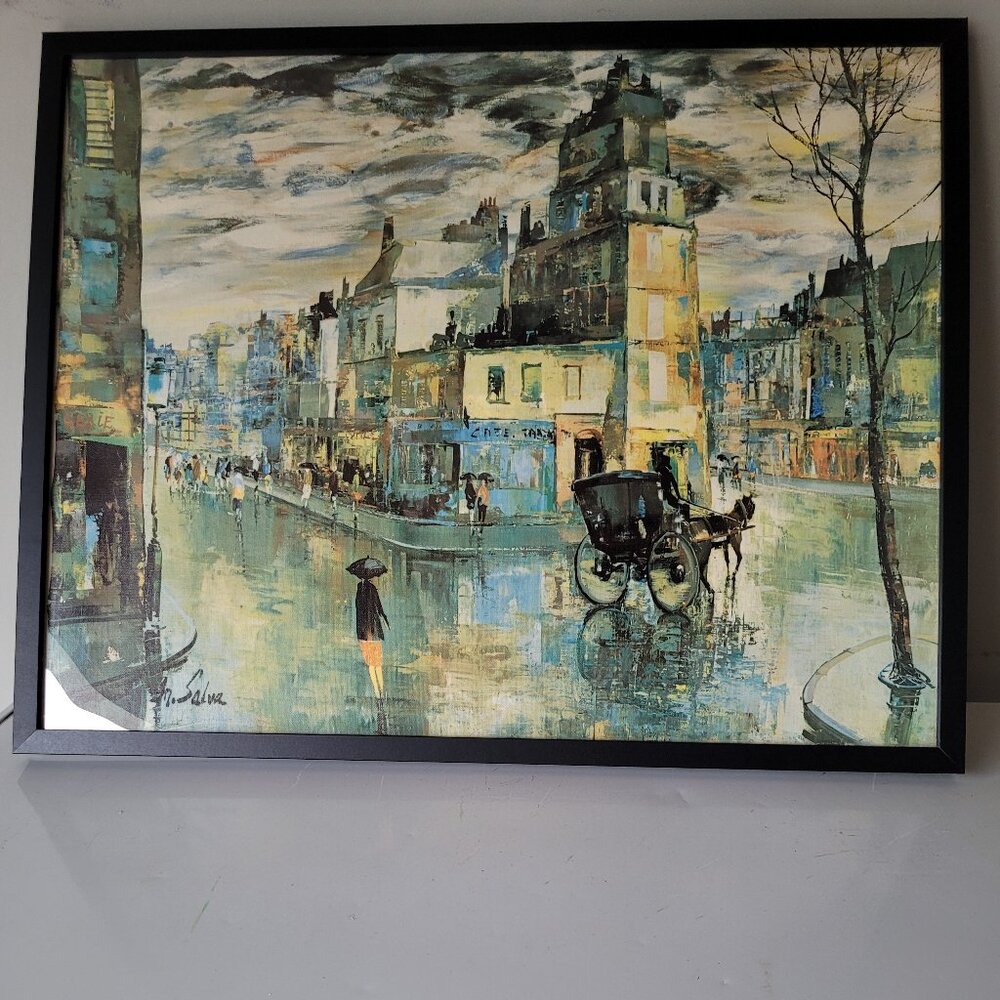 Rainy Day in Paris Painting,1965 by M. Salva 22"×28in.